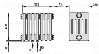 Схема (чертеж) Радиатор Zehnder Charleston 6040/7 №3470 Белый глянцевый RAL 9016